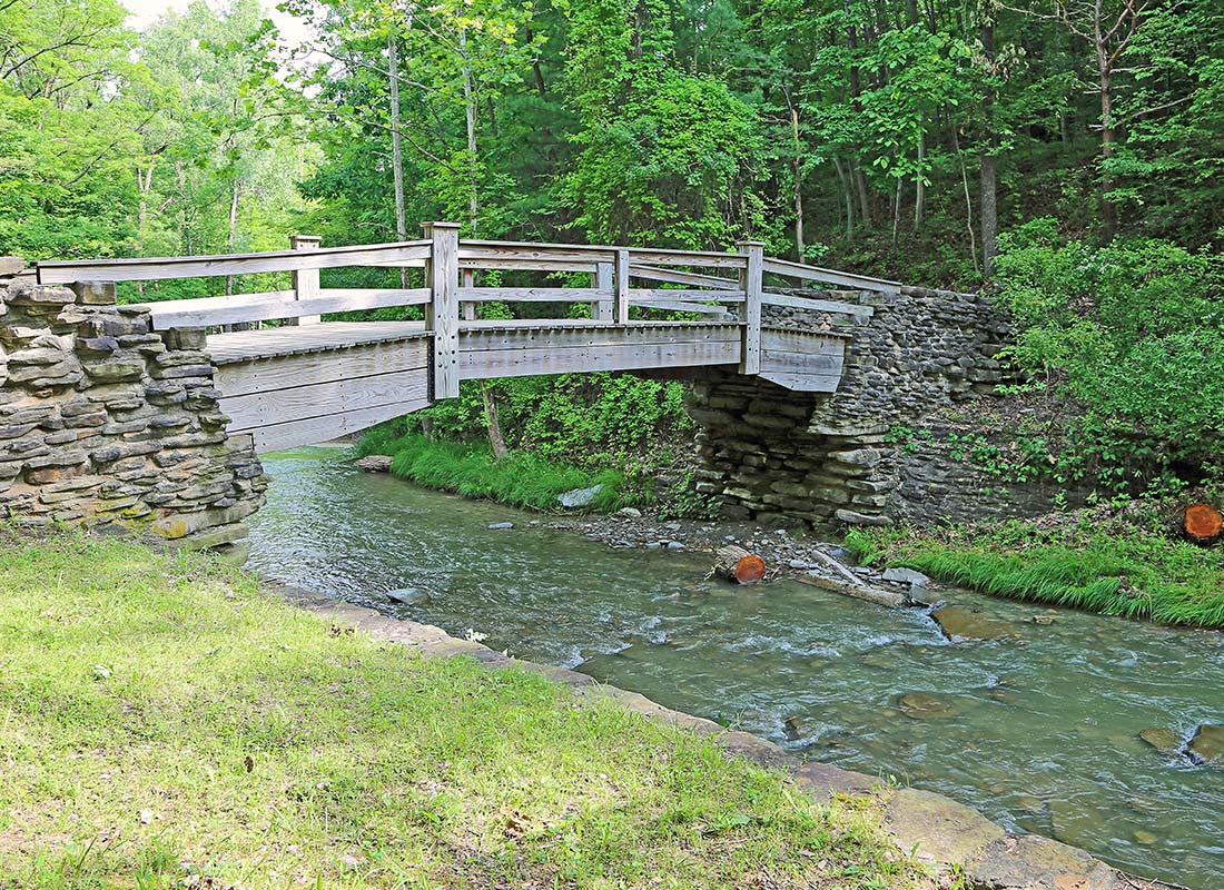 Dansville, NY - Stone and Wood Bridge Crossing Over a Brook at a Park