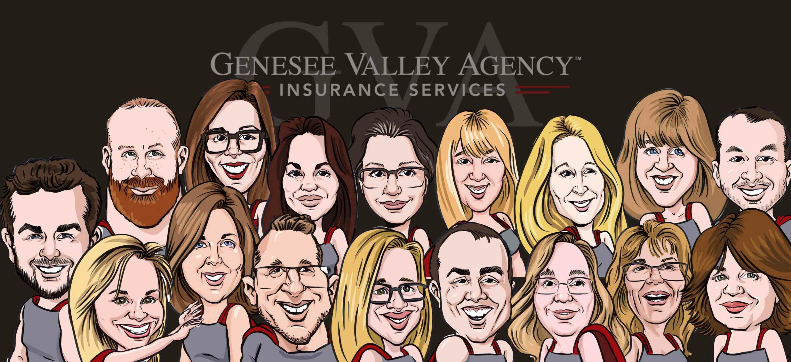 Homepage - 17-Member Team Caricature Drawing of the Genesee Valley Agency Team